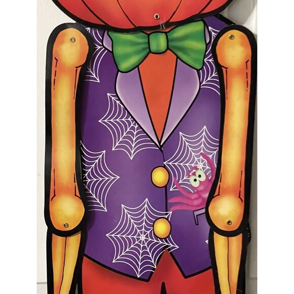 VINTAGE SKELETON JACK O’ LANTERN SPIDERWEB SUIT HALLOWEEN DECORATION DIE CUT 60” - Picture 4 of 13